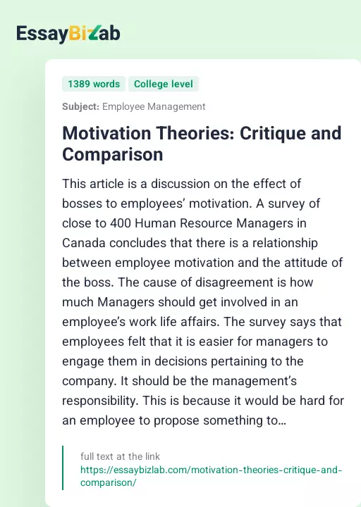 Motivation Theories: Critique and Comparison - Essay Preview