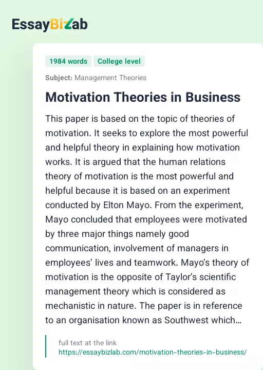 Motivation Theories in Business - Essay Preview