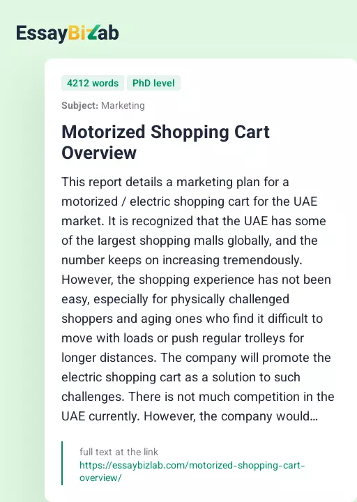 Motorized Shopping Cart Overview - Essay Preview