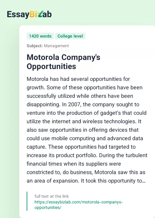 Motorola Company's Opportunities - Essay Preview