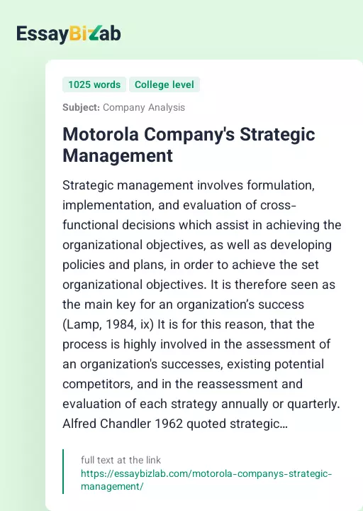 Motorola Company's Strategic Management - Essay Preview