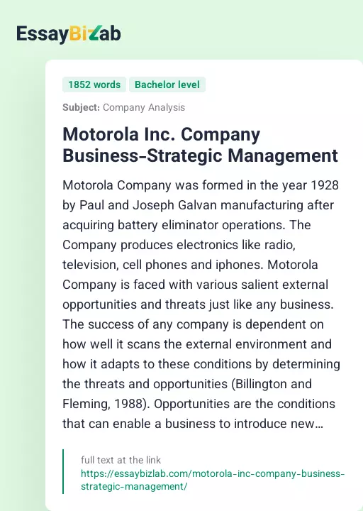 Motorola Inc. Company Business-Strategic Management - Essay Preview