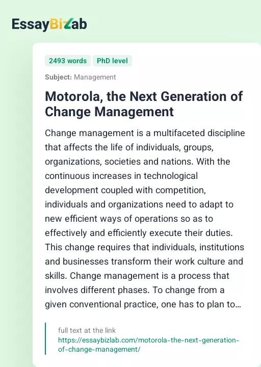Motorola, the Next Generation of Change Management - Essay Preview