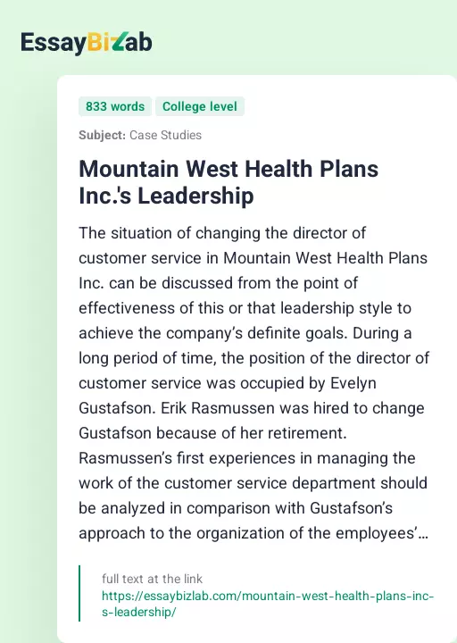 Mountain West Health Plans Inc.'s Leadership - Essay Preview