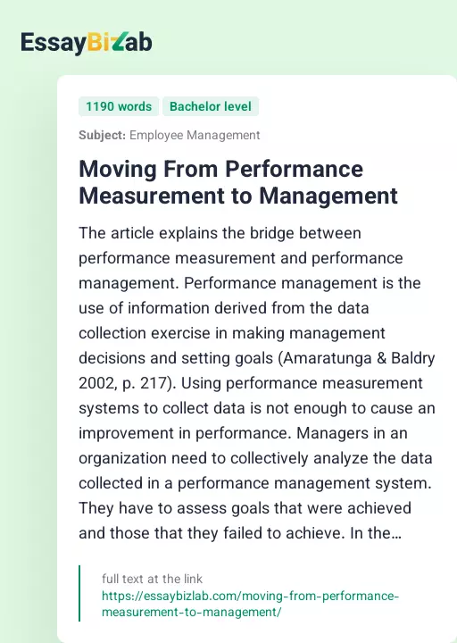 Moving From Performance Measurement to Management - Essay Preview