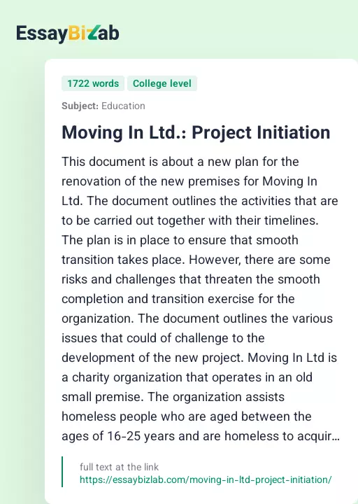 Moving In Ltd.: Project Initiation - Essay Preview
