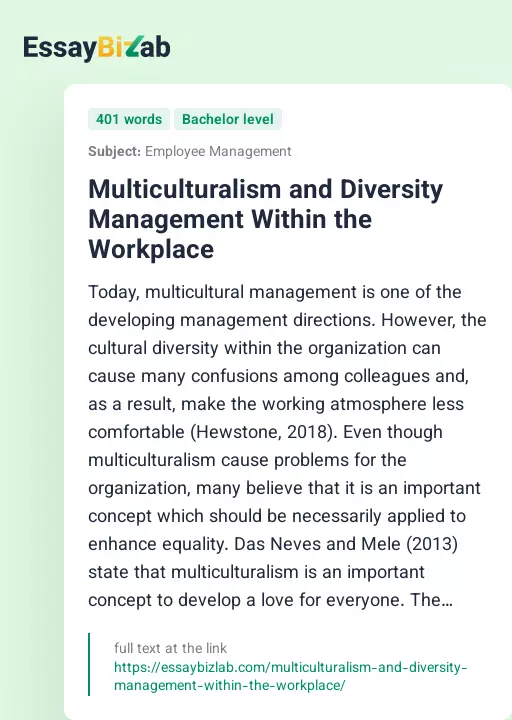 Multiculturalism and Diversity Management Within the Workplace - Essay Preview