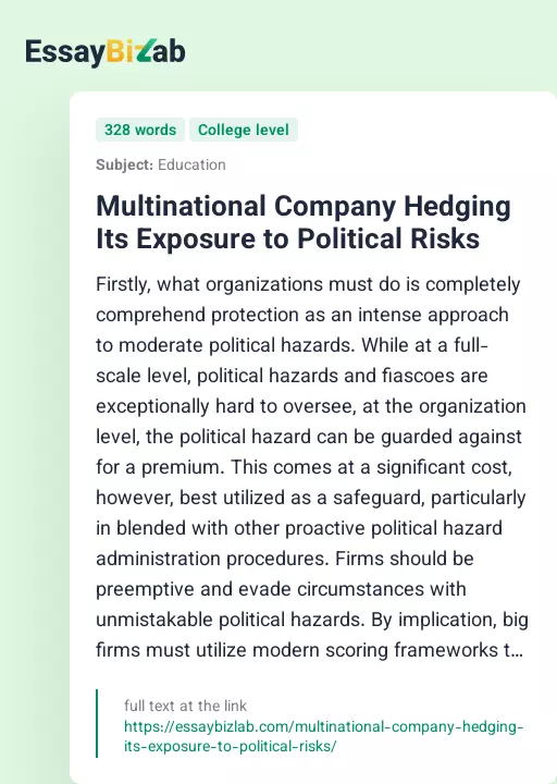Multinational Company Hedging Its Exposure to Political Risks - Essay Preview