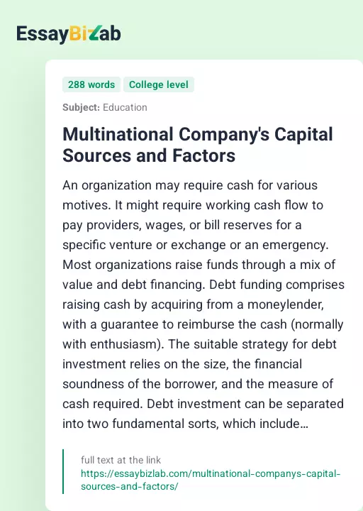 Multinational Company's Capital Sources and Factors - Essay Preview