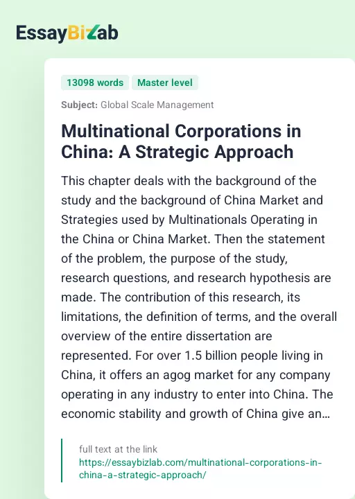 Multinational Corporations in China: A Strategic Approach - Essay Preview