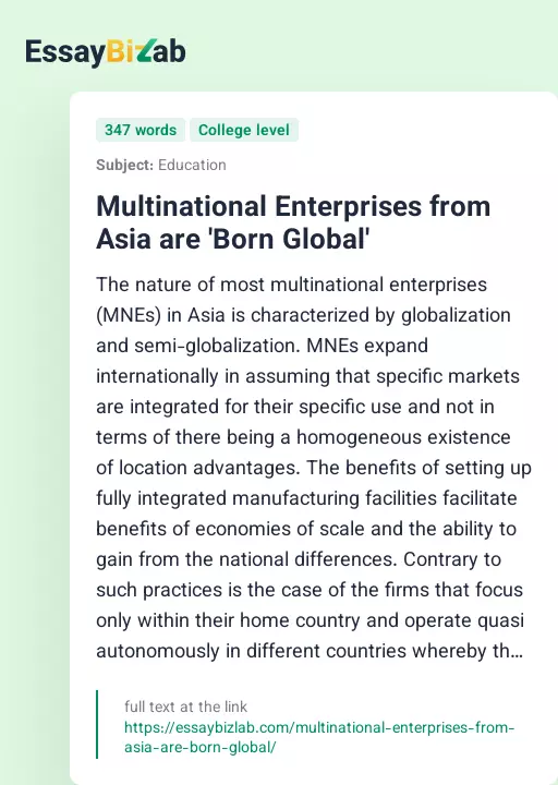 Multinational Enterprises from Asia are 'Born Global' - Essay Preview