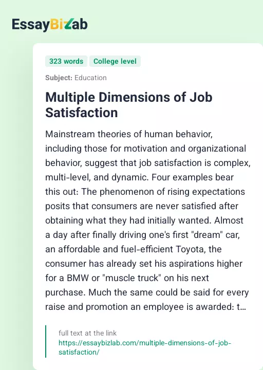 Multiple Dimensions of Job Satisfaction - Essay Preview