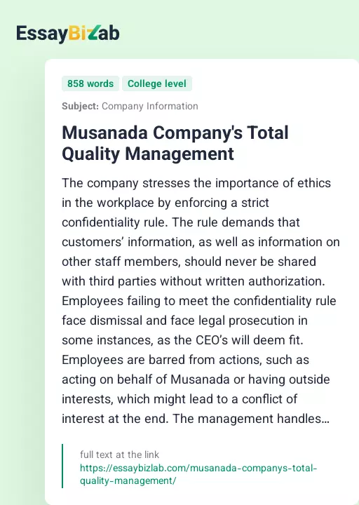 Musanada Company's Total Quality Management - Essay Preview