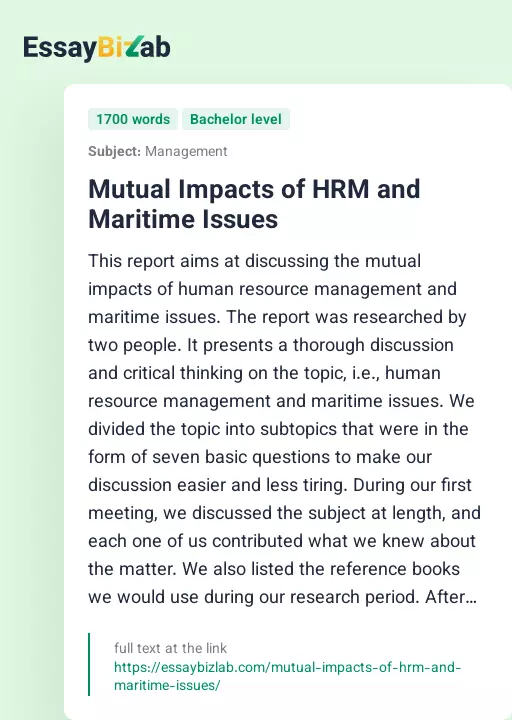 Mutual Impacts of HRM and Maritime Issues - Essay Preview