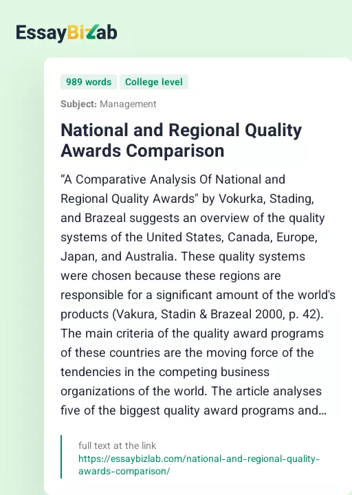 National and Regional Quality Awards Comparison - Essay Preview