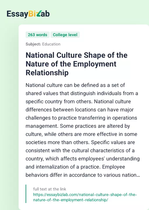 National Culture Shape of the Nature of the Employment Relationship - Essay Preview