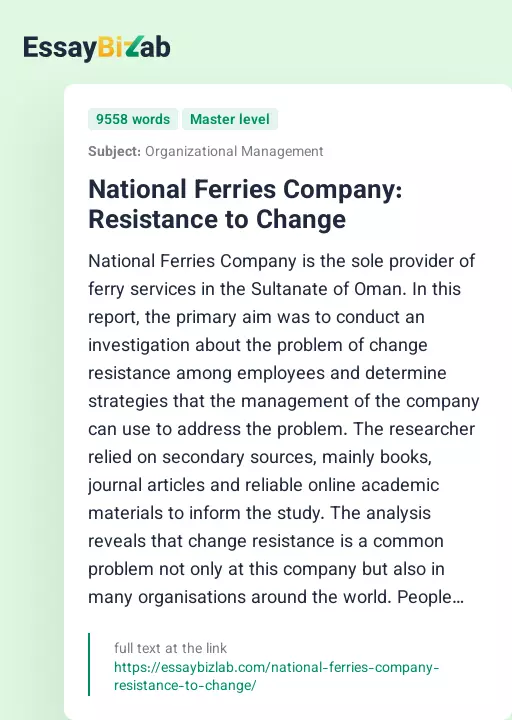 National Ferries Company: Resistance to Change - Essay Preview