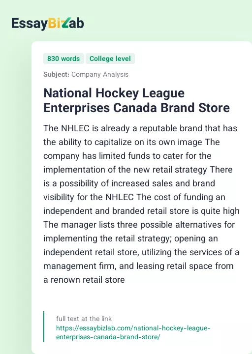 National Hockey League Enterprises Canada Brand Store - Essay Preview