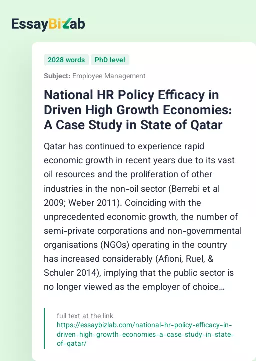 National HR Policy Efficacy in Driven High Growth Economies: A Case Study in State of Qatar - Essay Preview