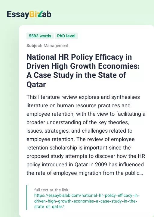 National HR Policy Efficacy in Driven High Growth Economies: A Case Study in the State of Qatar - Essay Preview
