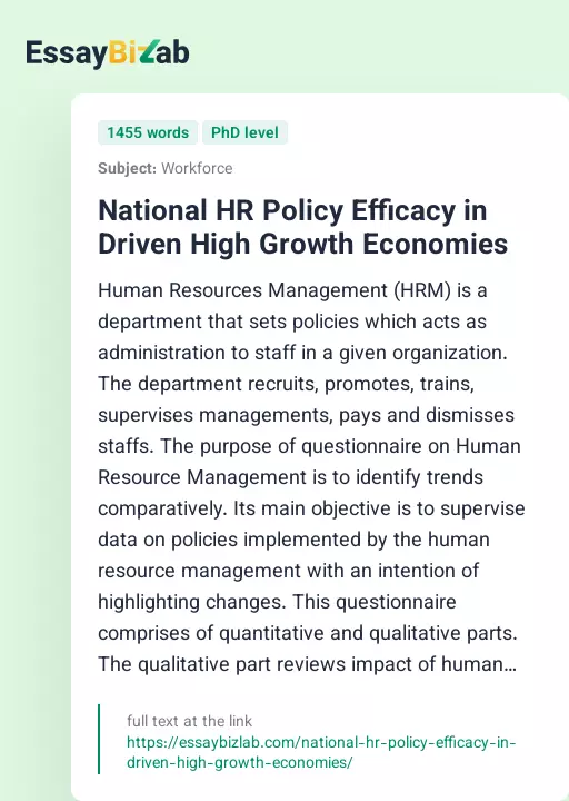 National HR Policy Efficacy in Driven High Growth Economies - Essay Preview