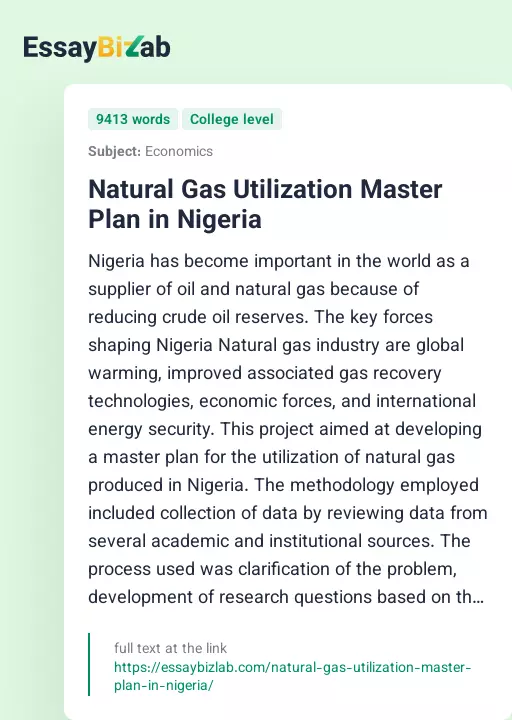 Natural Gas Utilization Master Plan in Nigeria - Essay Preview