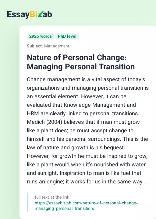 Nature of Personal Change: Managing Personal Transition - Essay Preview