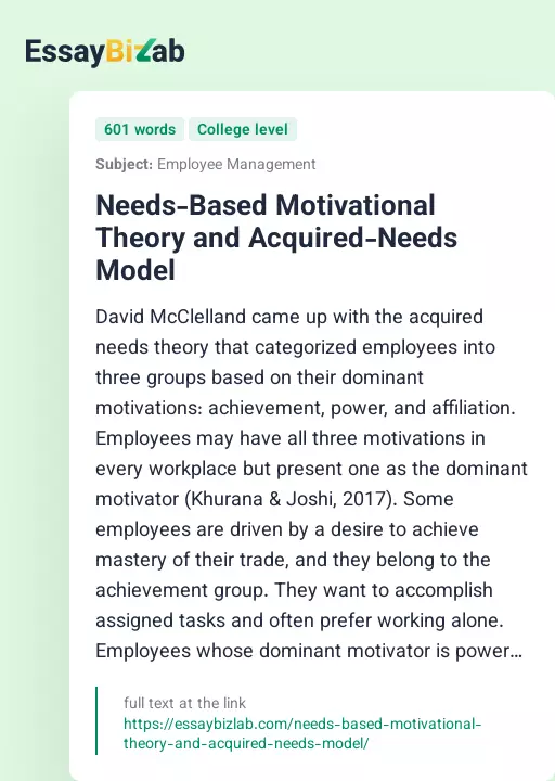 Needs-Based Motivational Theory and Acquired-Needs Model - Essay Preview