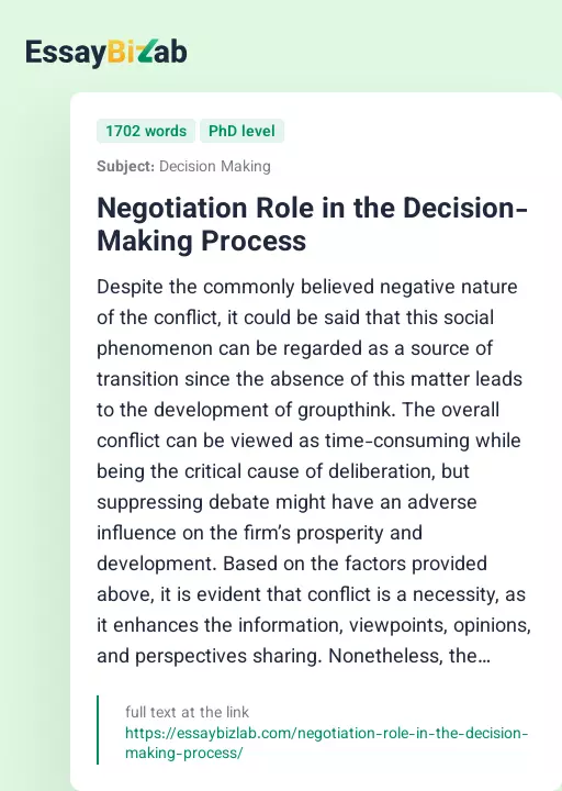 Negotiation Role in the Decision-Making Process - Essay Preview
