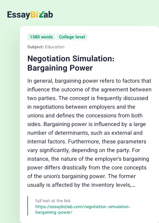 Negotiation Simulation: Bargaining Power - Essay Preview