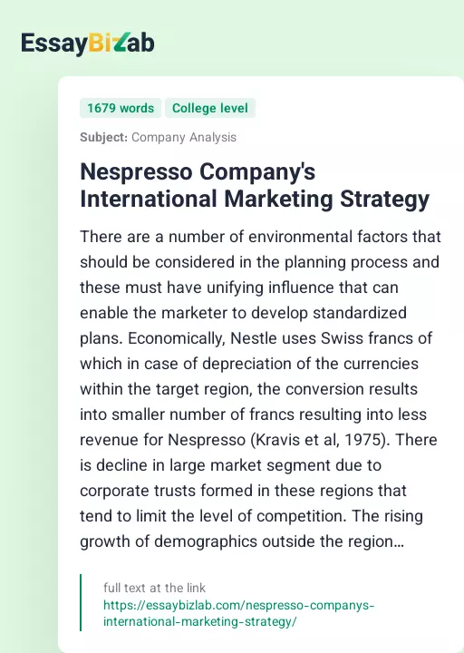 Nespresso Company's International Marketing Strategy - Essay Preview