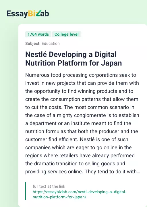 Nestlé Developing a Digital Nutrition Platform for Japan - Essay Preview
