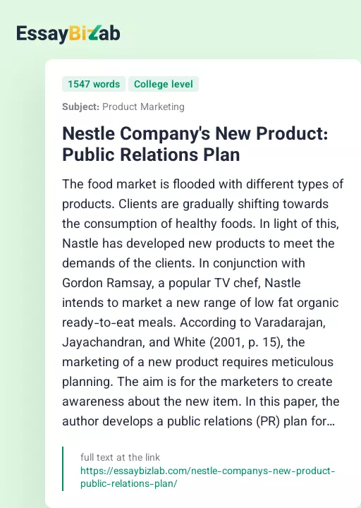 Nestle Company's New Product: Public Relations Plan - Essay Preview