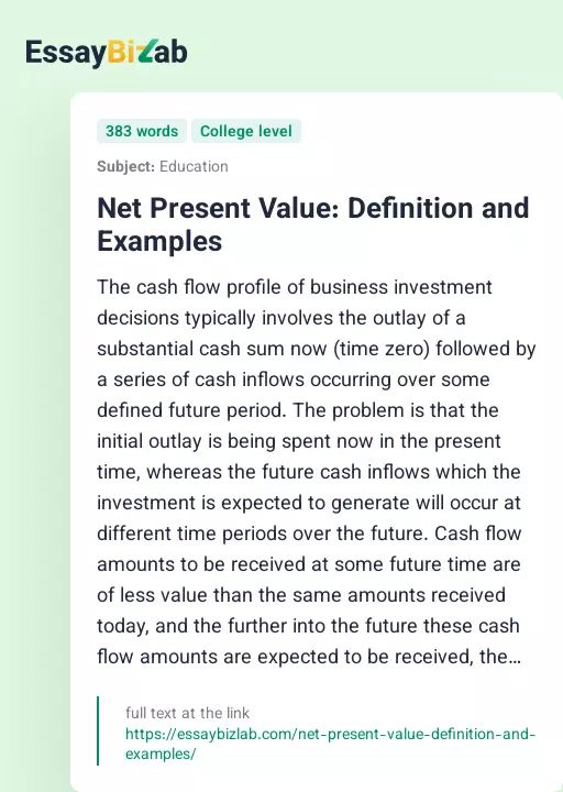 Net Present Value: Definition and Examples - Essay Preview