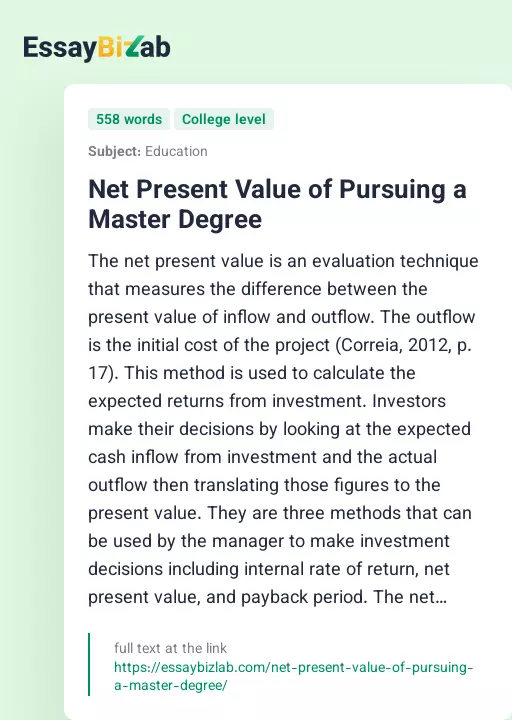 Net Present Value of Pursuing a Master Degree - Essay Preview