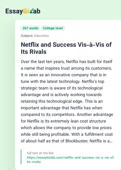 Netflix and Success Vis-à-Vis of Its Rivals - Essay Preview