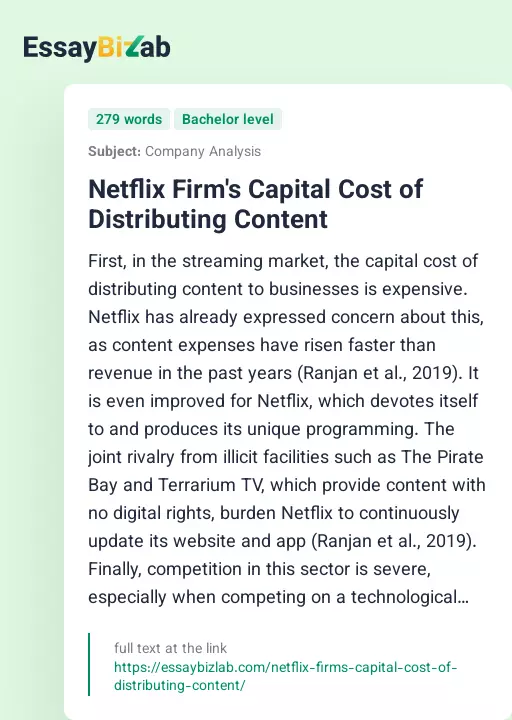 Netflix Firm's Capital Cost of Distributing Content - Essay Preview