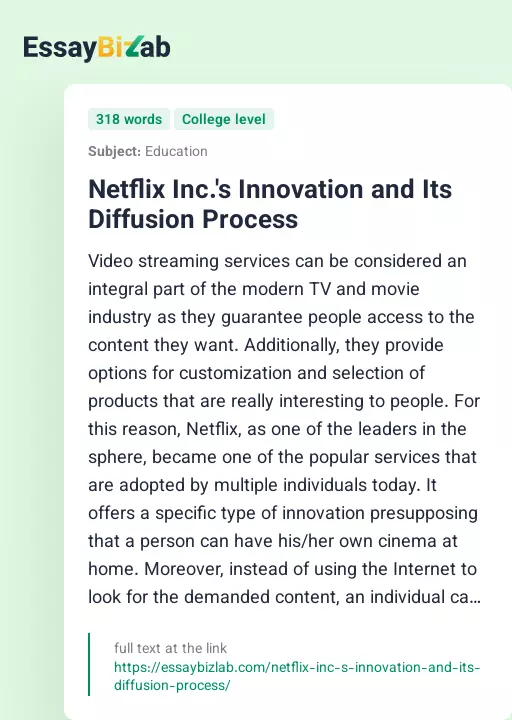 Netflix Inc.'s Innovation and Its Diffusion Process - Essay Preview