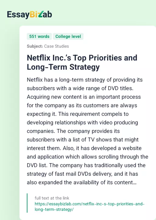 Netflix Inc.’s Top Priorities and Long-Term Strategy - Essay Preview