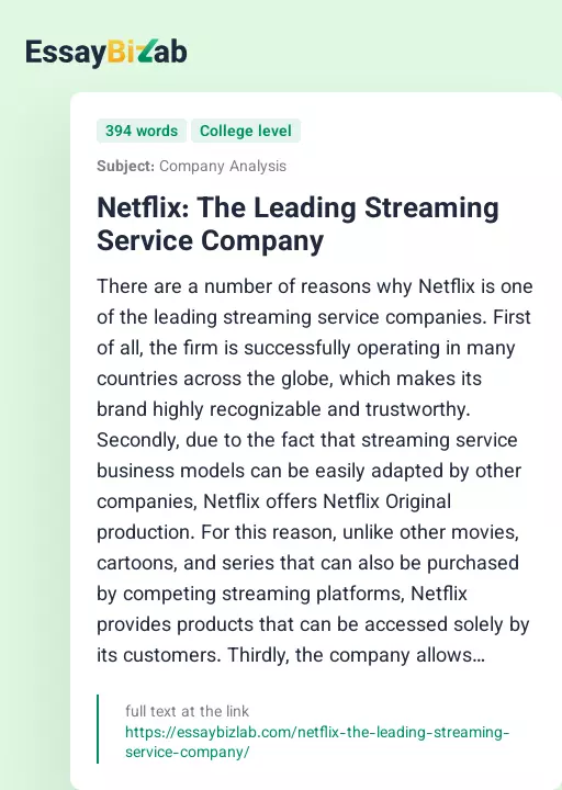 Netflix: The Leading Streaming Service Company - Essay Preview
