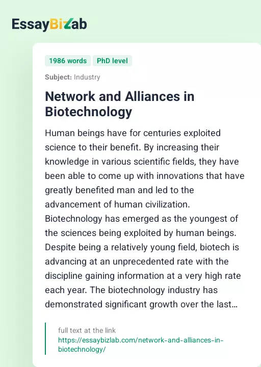 Network and Alliances in Biotechnology - Essay Preview