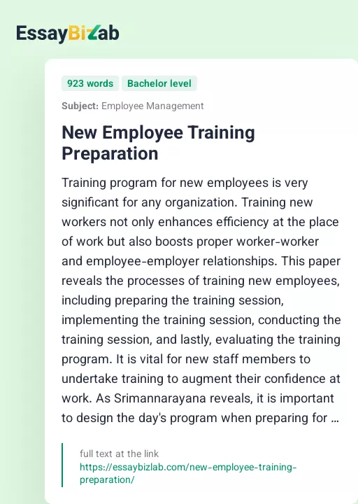 New Employee Training Preparation - Essay Preview