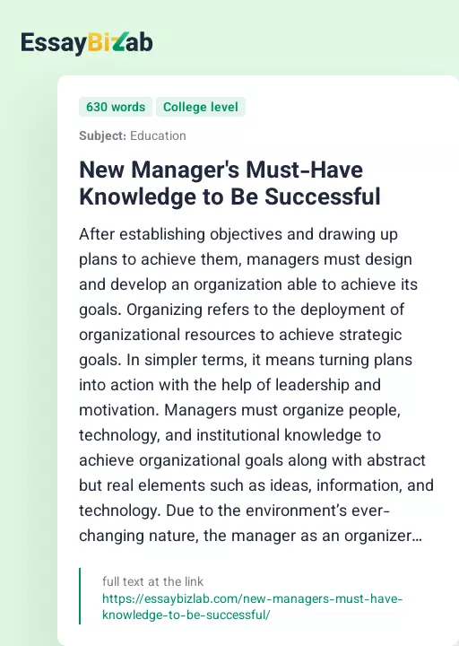 New Manager's Must-Have Knowledge to Be Successful - Essay Preview