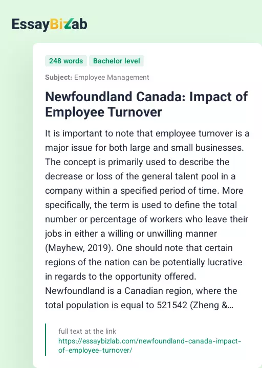Newfoundland Canada: Impact of Employee Turnover - Essay Preview