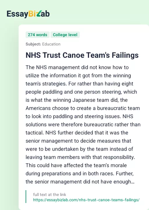 NHS Trust Canoe Team's Failings - Essay Preview