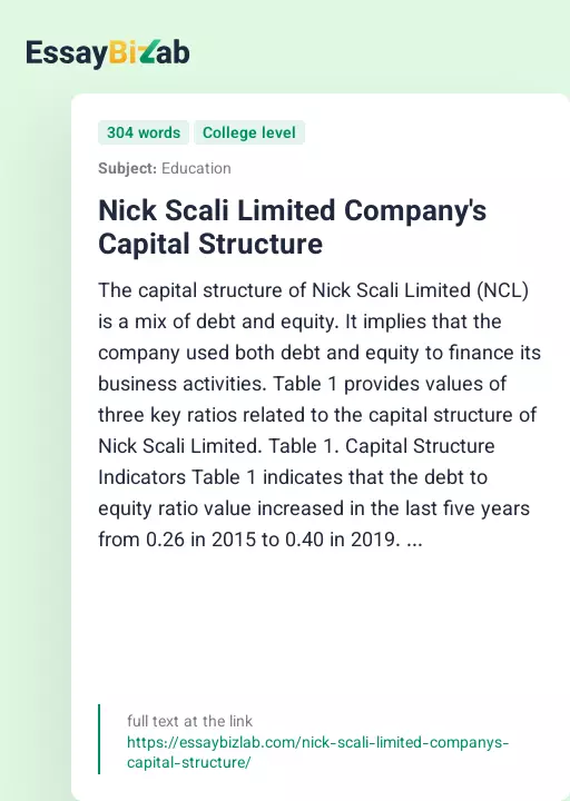 Nick Scali Limited Company's Capital Structure - Essay Preview