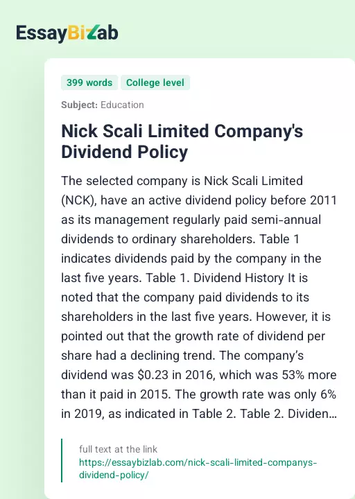 Nick Scali Limited Company's Dividend Policy - Essay Preview