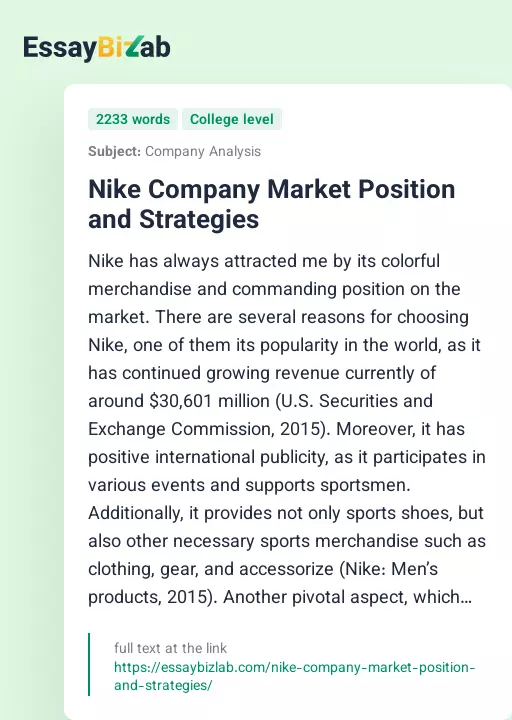 Nike Company Market Position and Strategies - Essay Preview