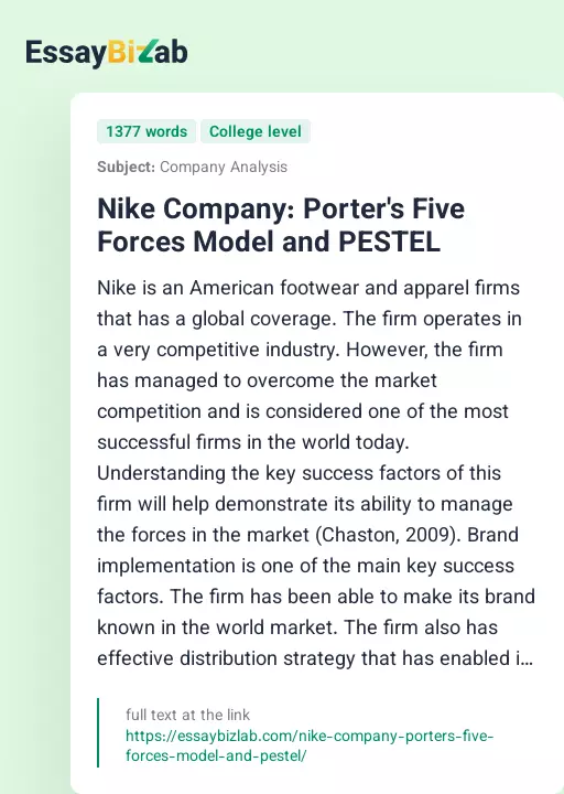 Nike Company: Porter's Five Forces Model and PESTEL - Essay Preview