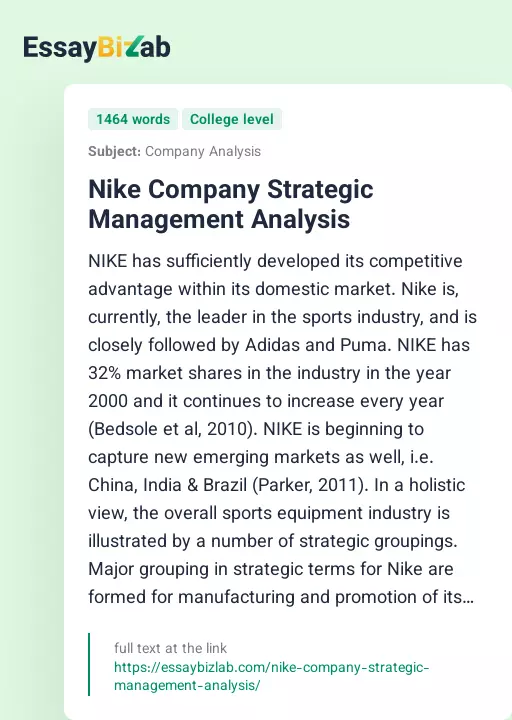 Nike Company Strategic Management Analysis - Essay Preview